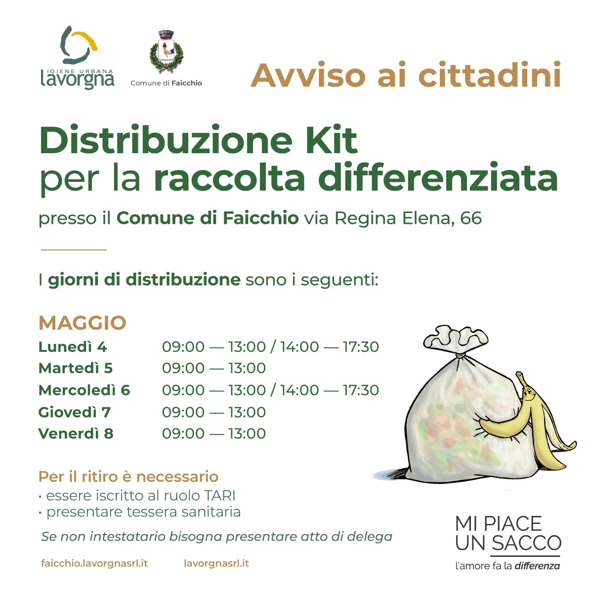 Distribuzione kit per la raccolta differenziata – maggio 2026